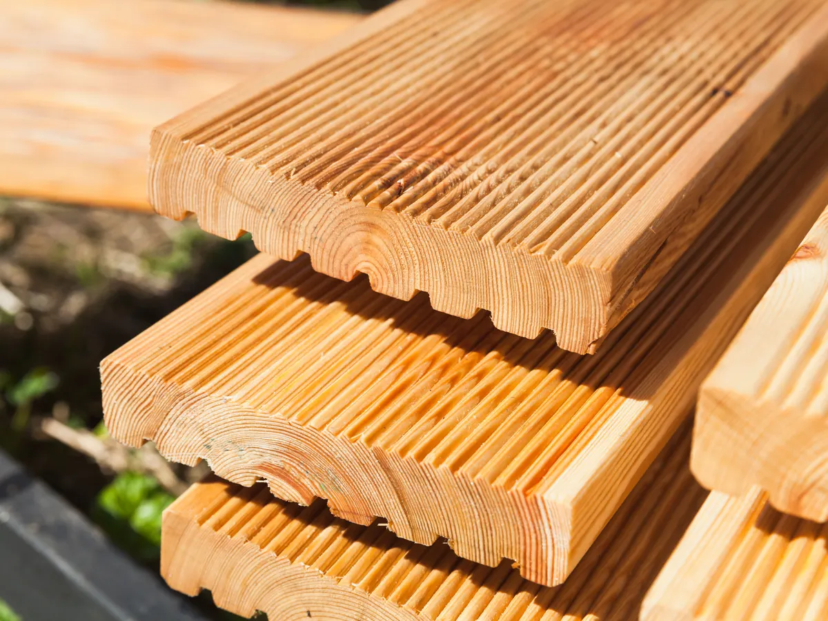Grooved timber deck boards ready for fitting